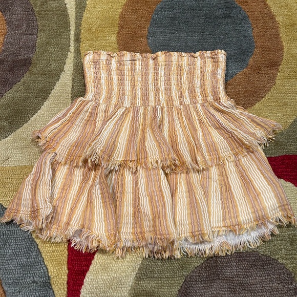 Aerie Tiered Ruffle Skirt Stripe Orange White Frayed Ruched Preppy Style Size XS - Picture 1 of 3